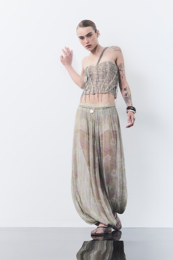 Zara top, $269, pants, $70, necklace worn as belt, $70 (part of a pack), and pack of bracelets, $56. Senso “Clarissa” shoes, $249. Model’s own jewellery throughout, except where indicated.