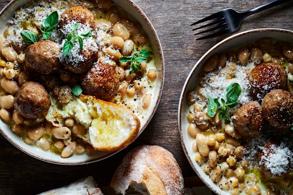 Creamy braised beans with lamb meatballs.