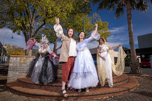 Naomi Hobbs, Hew Wagner, Phoebe Daisy Paine and Adelaide Soccio Greenaway, in costume for the opera company Lyster Opera, who performed Christoph Willibald Gluck’s opera Orpheus and Eurydice at Moe Plaza shopping centre last weekend. The shopping centre is owned by businessman Hans Henkell, who is an opera buff and philanthropist who funds Lyster Opera.