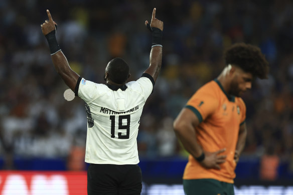 Fiji’s Temo Mayanavanua celebrates victory over the Wallabies in 2023.