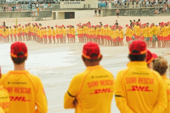 Tamarama and Bondi surf lifesavers stood for a minute silence at Bondi Beach this morning. 