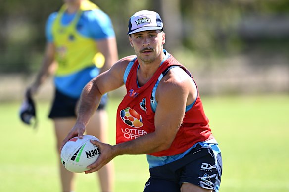 New recruit Lachlan Ilias in action during a Gold Coast Titans training session.