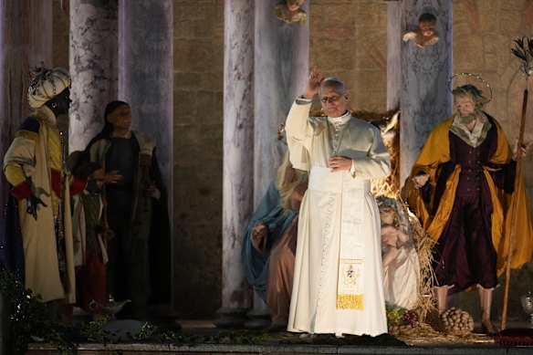 Pope Leo XIV delivers his blessing after a moment of prayer in front of the nativity scene at St Peter&rsquo;s Square at the Vatican.