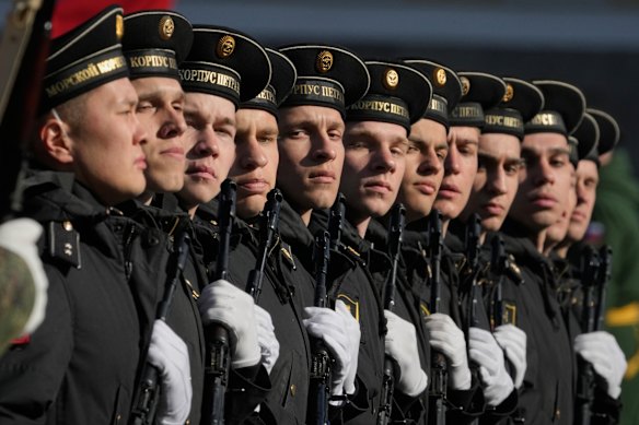 Navy cadets march during a rehearsal for the Victory Day military parade at the Dvortsovaya (Palace) Square in St. Petersburg, Russia.