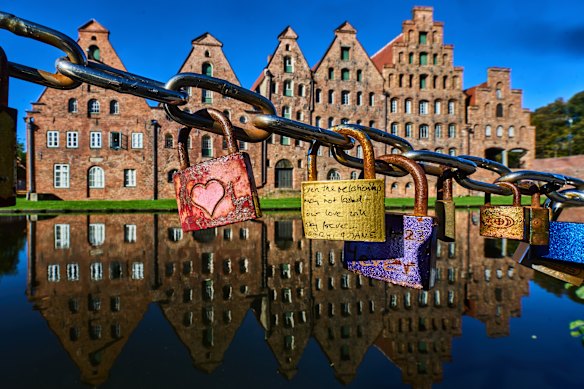 Love locks are seen near salt storage buildings that were built between 1579 and 1745 in Luebeck, northern Germany.