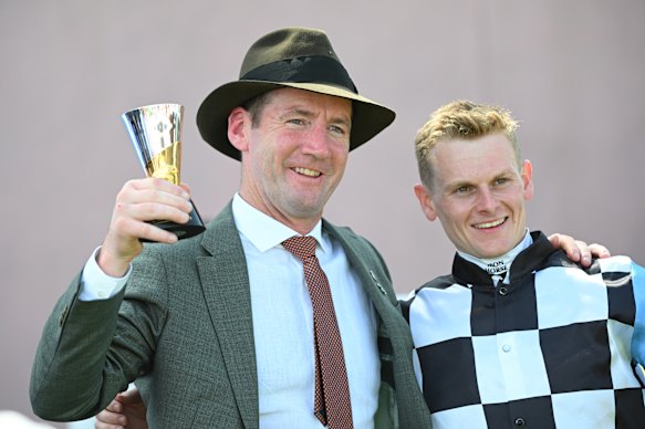 Trainer Ciaron Maher and jockey Ethan Brown.