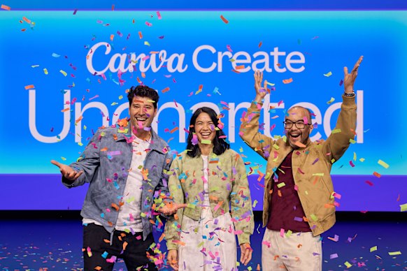 Canva co-founders Cliff Obrecht and Melanie Perkins, pictured with fellow co-founder Cameron Adams.