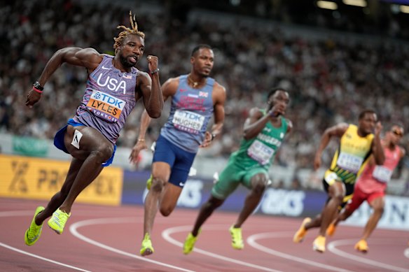 Noah Lyles racing the 200m in Tokyo.