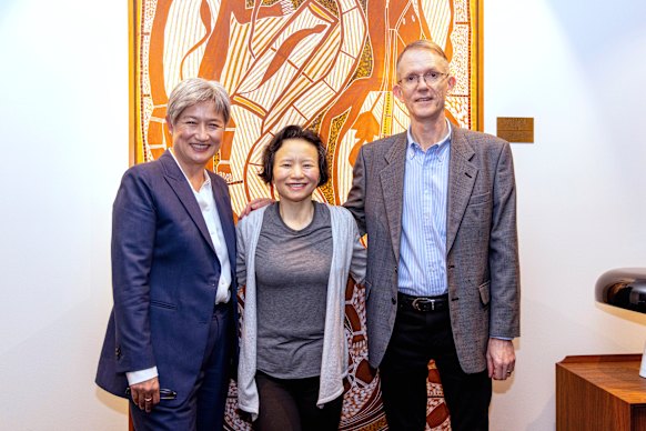Chinese Australian journalist Cheng Lei, centre, with Wong and Fletcher at Tullamarine Airport in Melbourne in October 2023 after her release from detention in China.