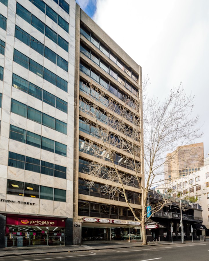 Good to go: 124 Exhibition Street, centre, as the building looked when its owners (unsuccessfully) tried to sell it in 2020.