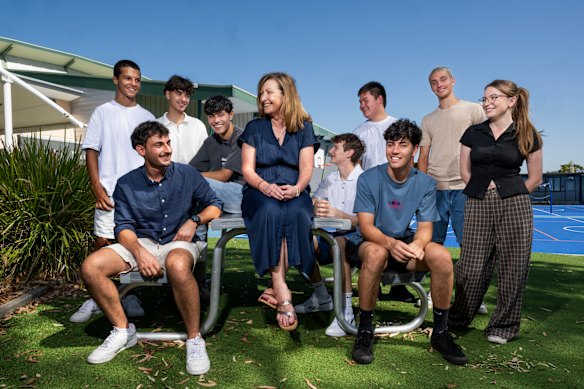 HSC students from Aquinas Catholic College in Menai with mathematics teacher Vanessa Bauer.