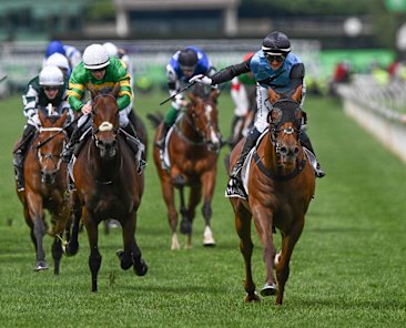 Goodie Two Shoes, left in the green-and-yellow silks, finishes second behind Half Yours in the 2025 Melbourne Cup.