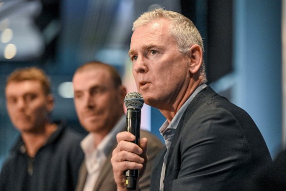 Adam Simpson (right), the 2018 West Coast premiership coach, is a part-time consultant at Carlton. He spoke last year at an AFL club leaders luncheon alongside Blues skipper Patrick Cripps (left) and Simon Goodwin.