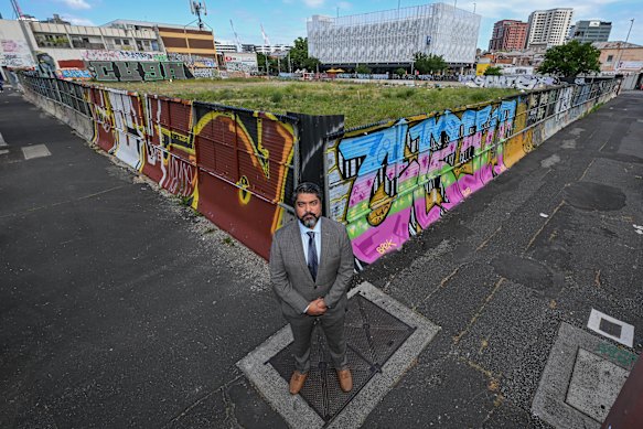 Maribyrnong Mayor Pradeep Tiwari at the site of the Little Saigon Market, which burnt down in 2016.