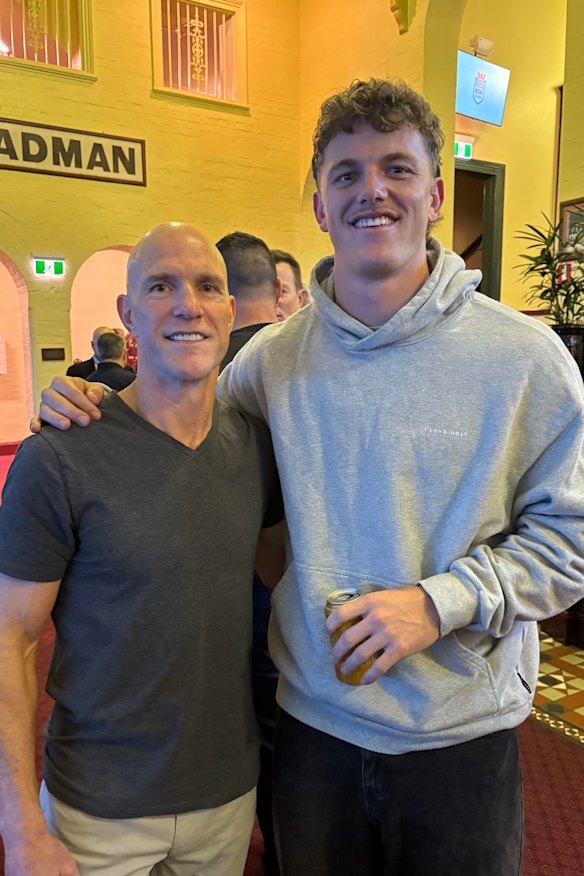 Tim Brasher and Jack Bostock catch up at a NSW Blues’ function at the Sydney Cricket Ground on Monday night.