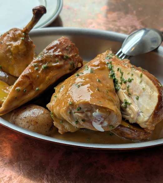 Chicken with new potatoes and white wine sauce.