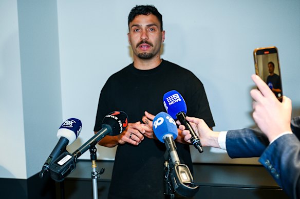 Izak Rankine spoke at Adelaide Airport on Tuesday night after being suspended for using a homophobic slur 