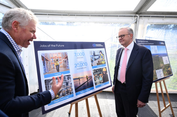 Prime Minister Anthony Albanese views construction plans at the Beveridge intermodal precinct.