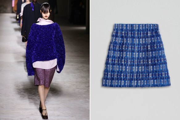 A interaction   of tinsel astatine  Dries Van Noten’s amusement   (left) and successful  this Scanlan Theodore skirt (right).