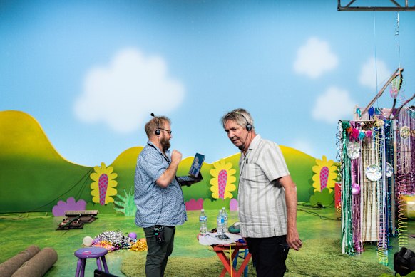 Play School series producer Bryson Hall with floor manager Warren Parsonson on the set of Play School in March, filming the Party Series episodes. 