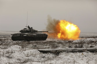 A Russian tank during a drill on January 12 at a firing range near the Ukrainian border.