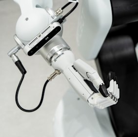 The Zeekr plant’s greeter robot, which is still in testing, has a humanoid hand.