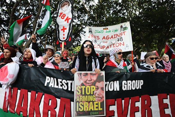 Demonstrators chant in Sydney’s Hyde Park this month. 