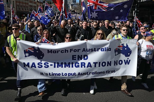 Anti-immigration protesters march from Belmore Park towards Victoria Park during the recent “March for Australia”.