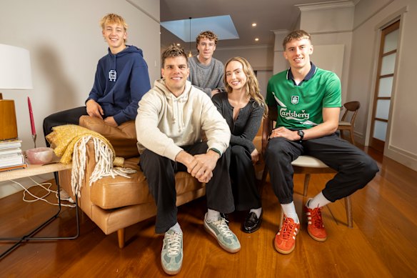 St Kilda footballer Mason Wood with partner Mikaela Schreuder and housemates Alix Tauru (left), Angus Hastie (back), and Liam O’Connell.