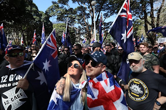 Anti-immigration protesters prepare to march from Belmore Park towards Victoria Park in Sydney. 