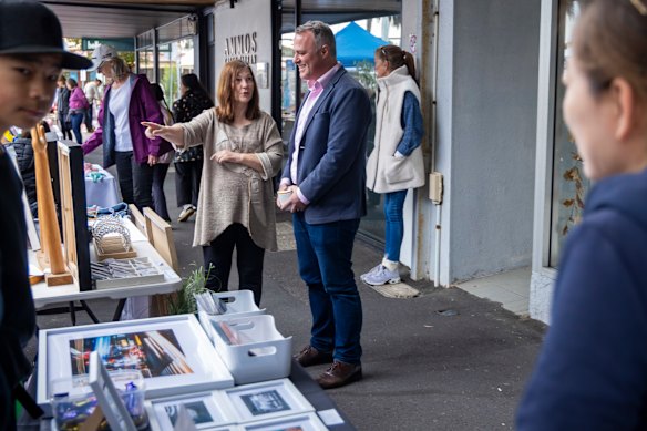 Wilson at the Bayside monthly farmers’ market in his Goldstein electorate. The MP is on first-name terms with many of the stall-holders.