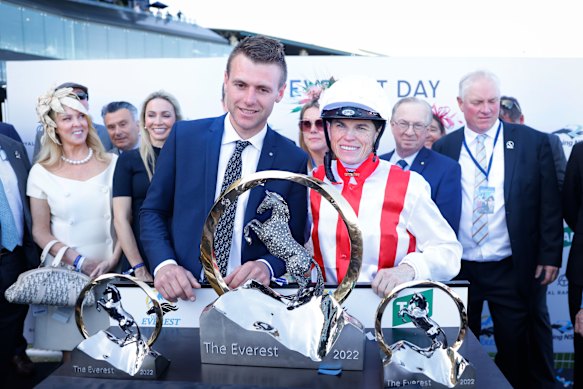 Giga Kick’s trainer Clayton Douglas and jockey Craig Williams with The Everest trophy in 2022.