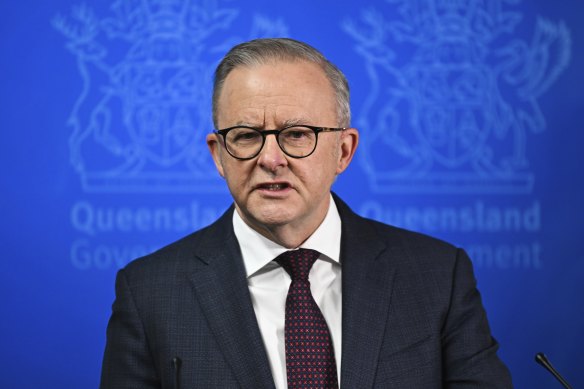 Prime Minister Anthony Albanese speaking in Brisbane on Wednesday about Cyclone Alfred.