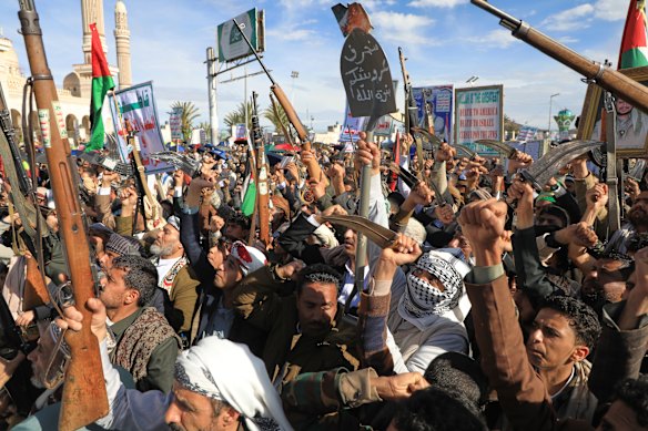 Houthi supporters shout slogans during a rally against Israel and the United States&rsquo; war in Iran.