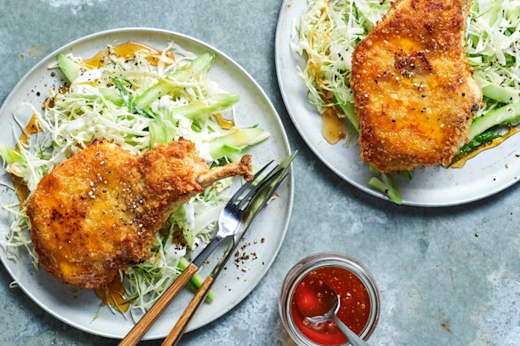 Crumbed pork cutlets with hot honey and summer slaw.