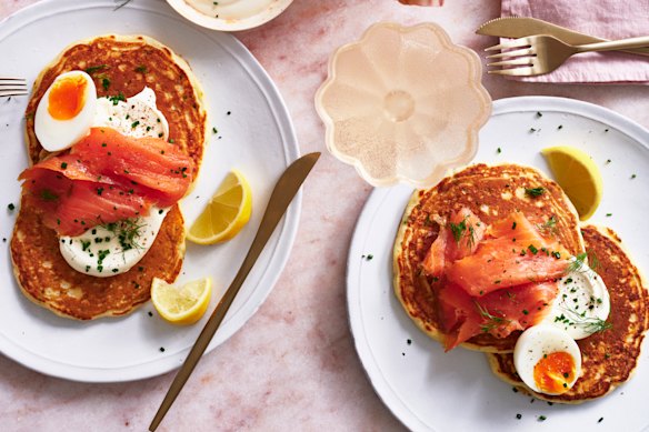 Julia Busuttil Nishimura’s chive pancakes with smoked salmon and creme fraiche.