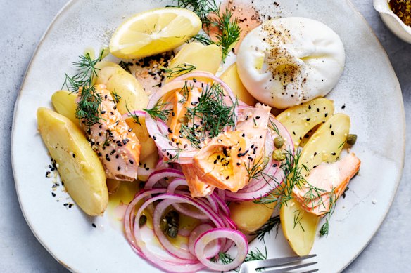 Hot-smoked salmon and potato salad with everything bagel dressing.