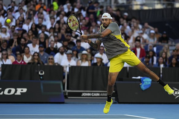Nick Kyrgios plays a backhand return to Britain’s Jacob Fearnley at the Australian Open in January.