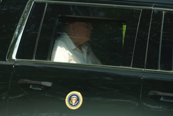 US President Donald Trump departs Trump National Golf Club in Virginia on Saturday. 
