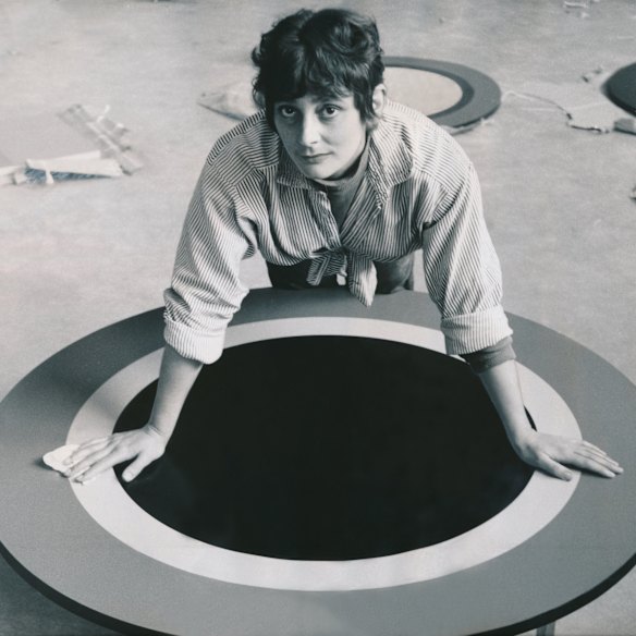 Janet Dawson with her Laminex coffee table, one of a series exhibited at Gallery A, Melbourne, 1968.