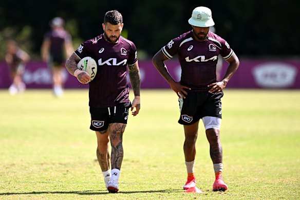 Adam Reynolds and Ezra Mam at Broncos training on Tuesday.