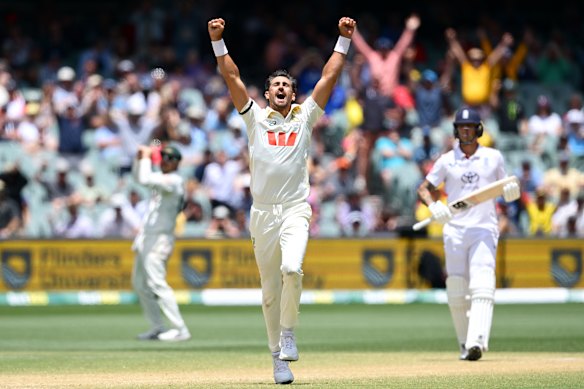 Mitch Starc celebrates a wicket on day five as Australia closed in on victory.