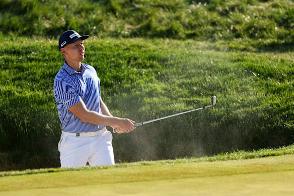 Germany’s Matti Schmid eases the ball out of a bunker in his final round at the PGA Championship.
