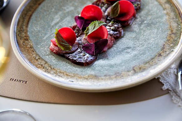 Tuna, shiso and watermelon radish.