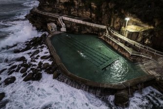 Swimmers in Bronte for sunrise despite cool temperatures sweeping Sydney.