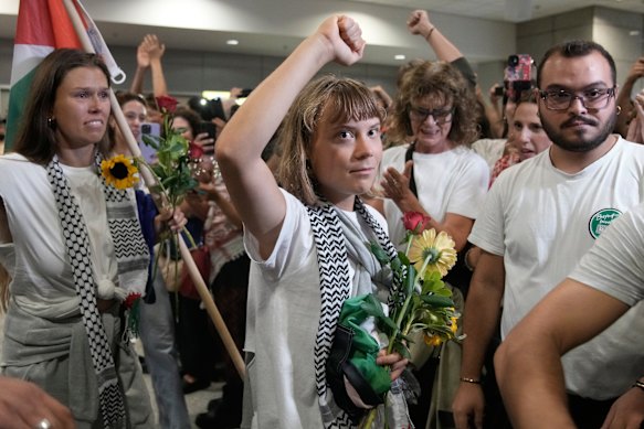 Swedish activist Greta Thunberg in Athens after being deported by Israel.
