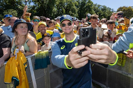 Steve Smith with fans outside the MCG on what should have been day three of the Boxing Day Test.