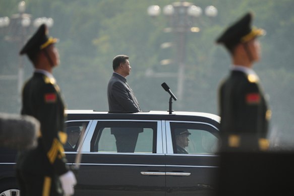 Chinese President Xi Jinping inspects the troops at the military parade.