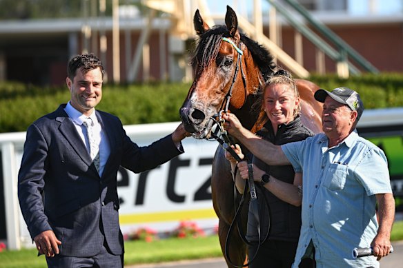 Trainer Tyler Donaldson-Aitken, left, with Welcometotheshow after his win at Cranbourne on December 27.