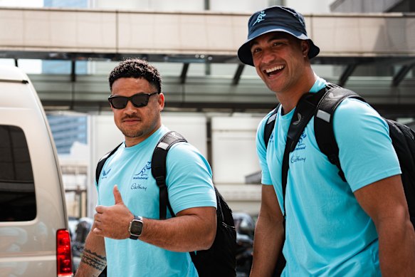 Hunter Paisami and Joseph-Aukuso Suaalii look unconcerned by the heat in Osaka.